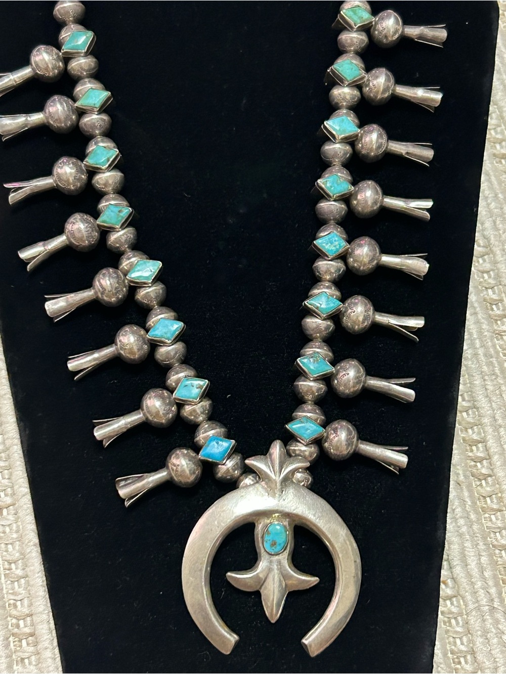Vintage unisex sterling silver turquoise squash blossoms necklace 24-25” - Picture 4 of 16